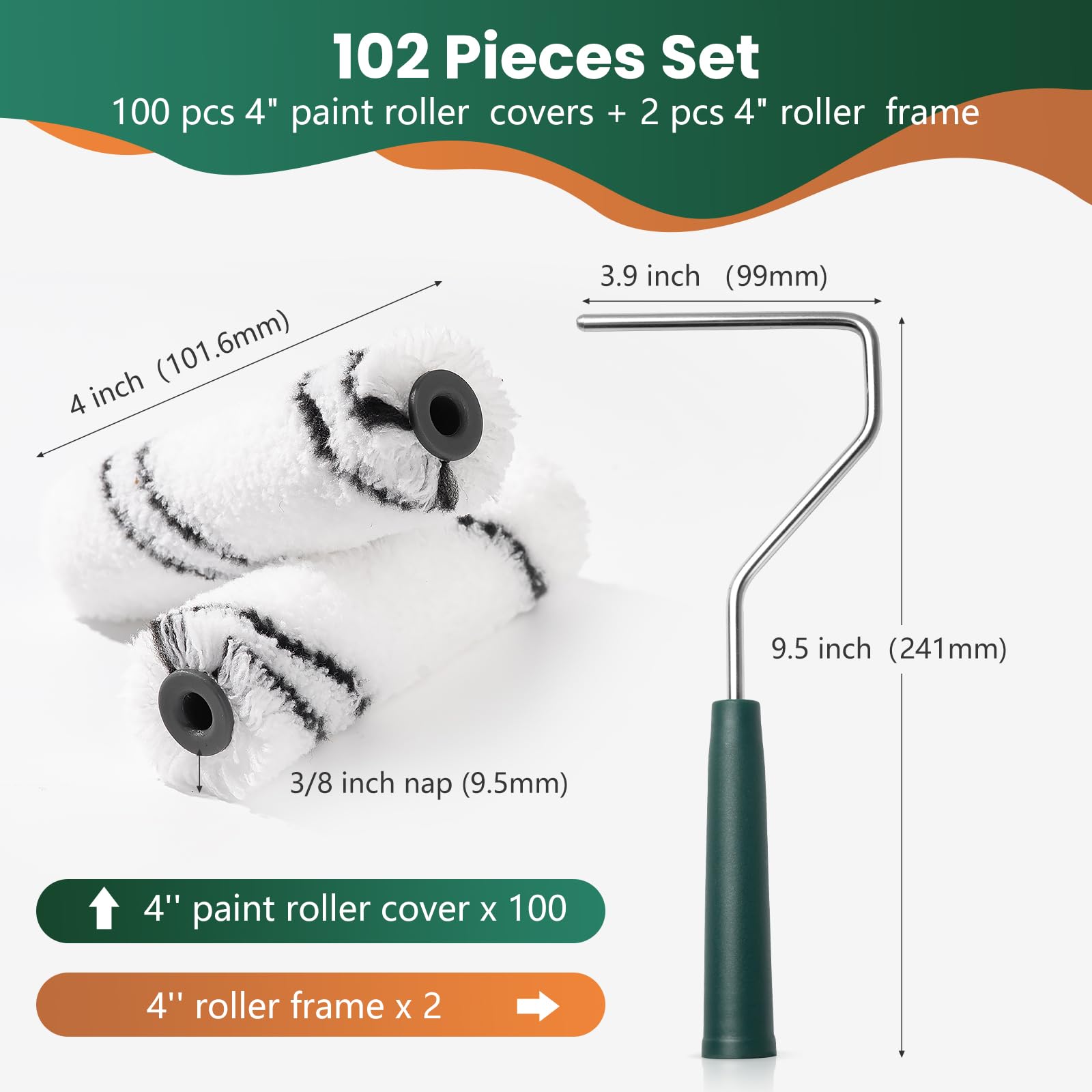 Paquete de 100 cubiertas de rodillo de pintura de microfibra de 4 pulgadas con 2 marcos de rodillo de metal antioxidante, herramientas de pintura de grado profesional para paredes