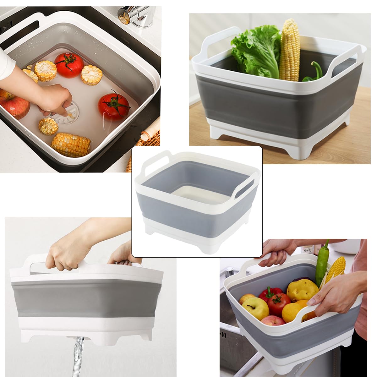 Sartenes plegables para lavar platos, lavaplatos portátil de 9 litros, tina plegable con tapón de drenaje para fregadero de cocina, camping, accesorios de RV 6