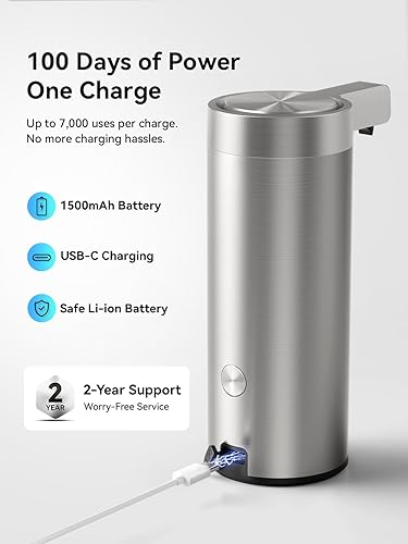 Miniatura 5 de SUNLY Dispensador de jabón automático sin contacto - Bomba sin obstrucciones, sensor rápido de 0.2 s, recargable USB-C, acero inoxidable resistente