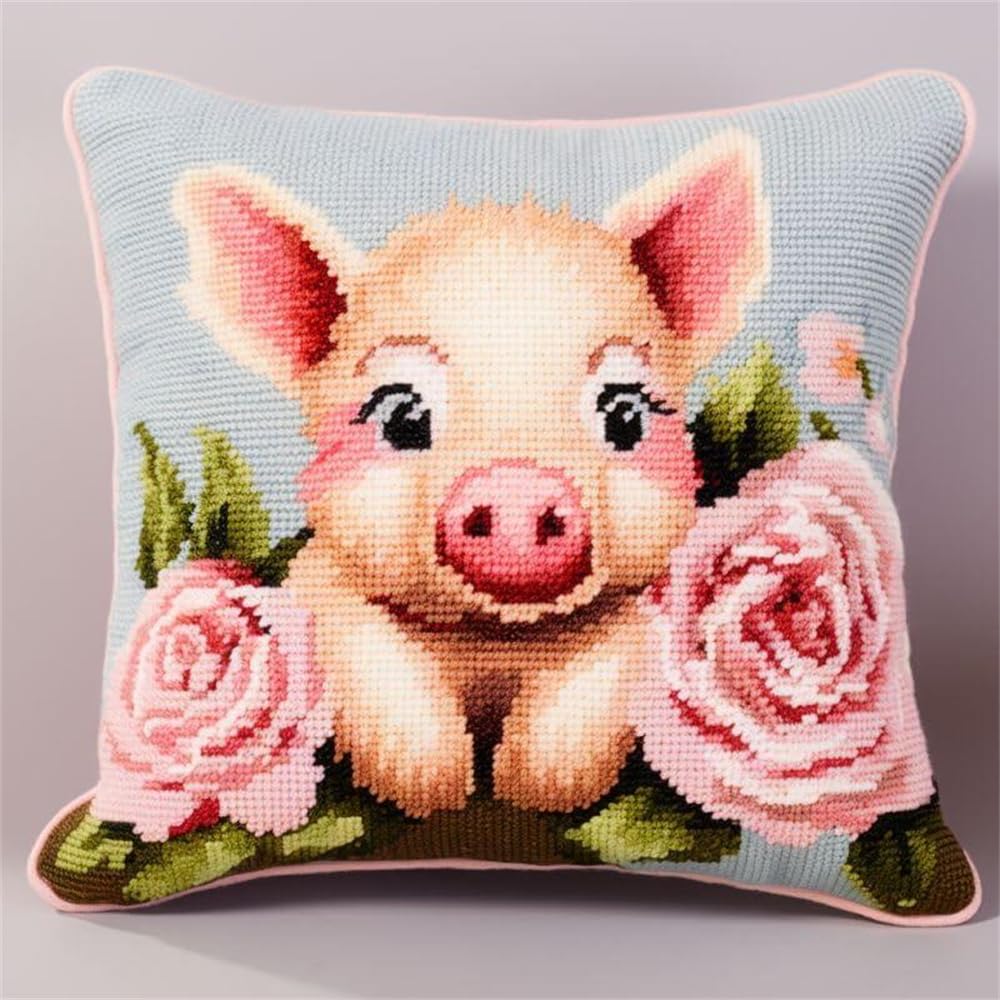 Taxpy E Diy Latch Hook Kits For Adults Pig And Flowers Pillowcase/Cushion Cover Making Kits Statement Rug，Latch Hook Kits For A Starter Project 17X17in B