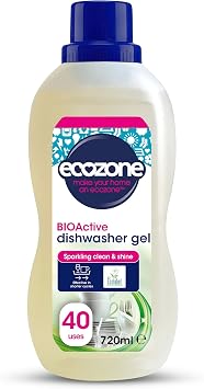 Ecozone BIOActive Dishwasher Gel, Dishwasher Detergent with Rinse Aid & Glass Protection, 40 Washes, Cleans & Shines, Fast Dissolving & Vegan Friendly, Eco Conscious Natural Cleaning Products - 720ml