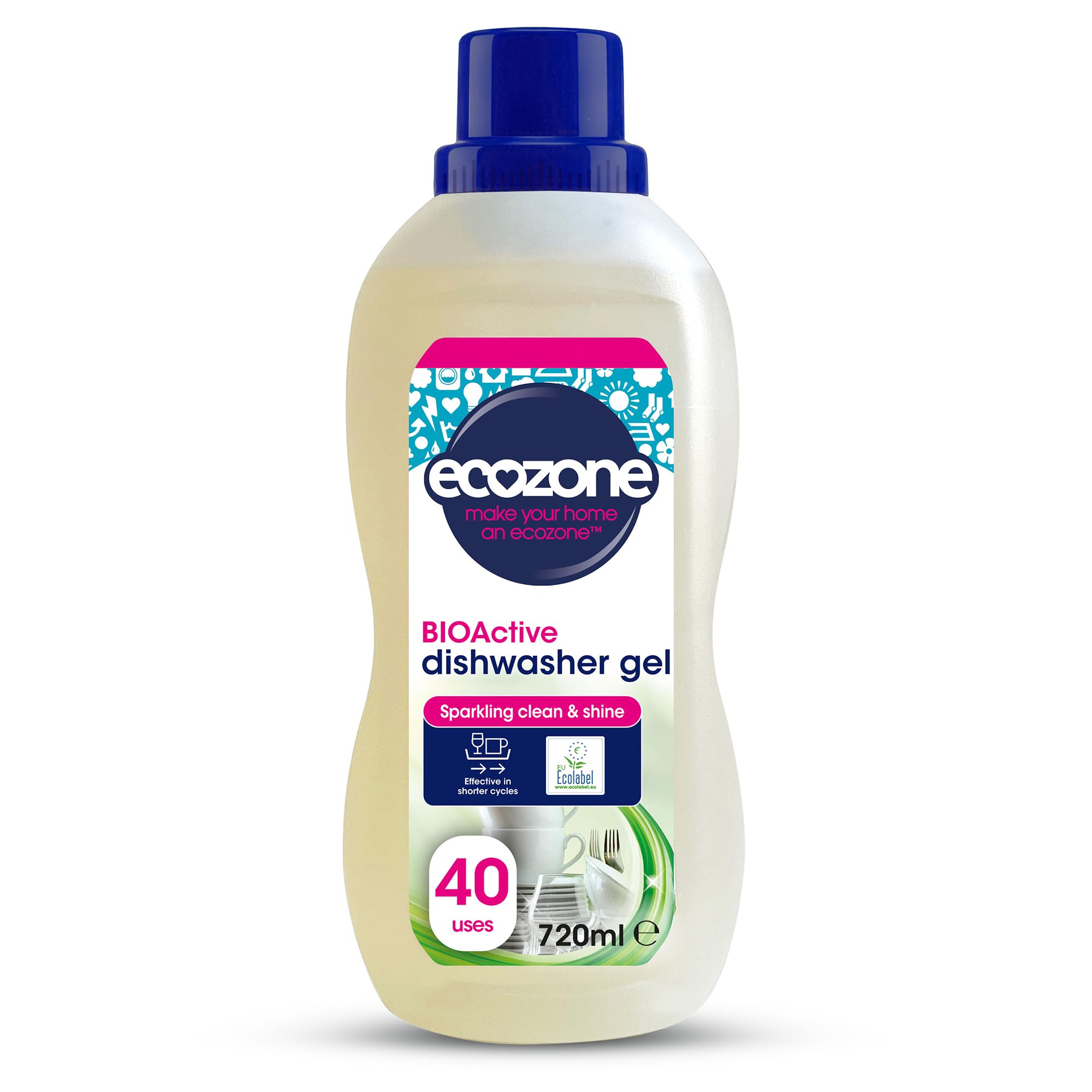 Ecozone BIOActive Dishwasher Gel, Dishwasher Detergent with Rinse Aid & Glass Protection, 40 Washes, Cleans & Shines, Fast Dissolving & Vegan Friendly, Eco Conscious Natural Cleaning Products - 720ml