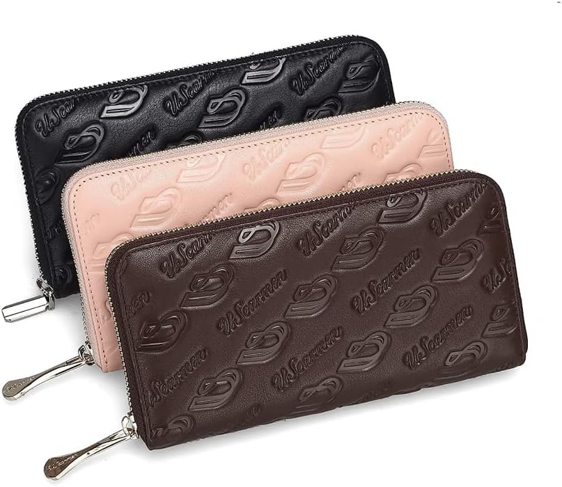 Women's Embossed Zip around Calfskin Leather wallet with RFID Protect Credit Card & ID Card Security (Bronw with Logo) - Image 5