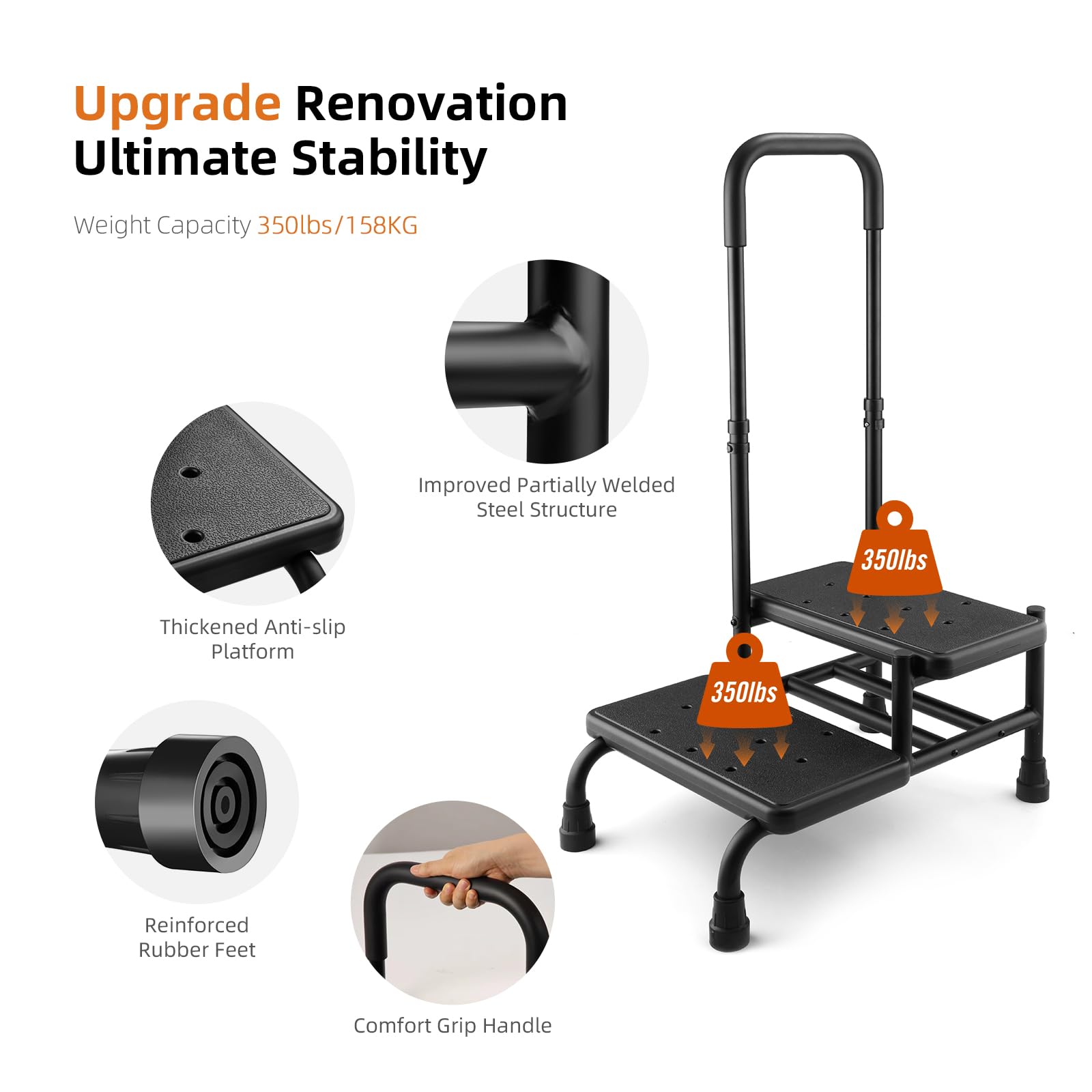Taburete con asa, plataforma antideslizante y pasamanos ajustable, taburete de 2 escalones para personas mayores, adultos y discapacitados, taburete resistente para camas altas, cocina, bañera, 350