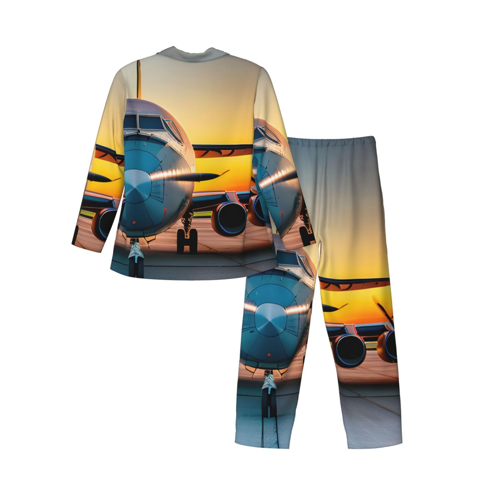 Herren-Pyjama-Set, Motiv: Flugzeug bei Sonnenuntergängen, langärmelig, zweiteilig, bequeme Nachtwäsche