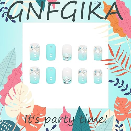 Miniatura 2 de Uñas postizas cuadradas medianas a presión, uñas azules con pegamento, uñas postizas de cobertura completa con diseños de purpurina para mujeres y