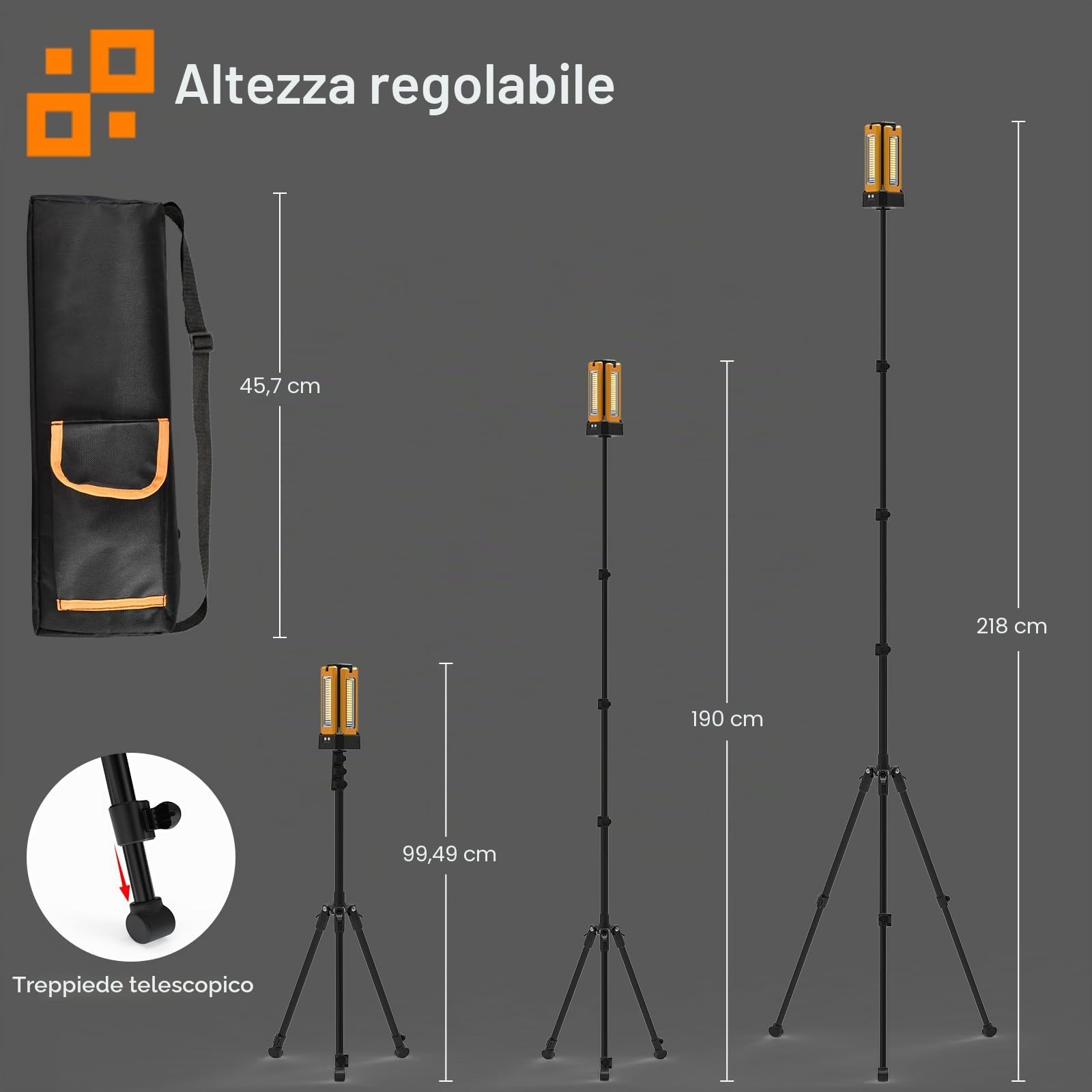 Faretto Led Solare Ricaricabile con Supporto e Borsa Per il Trasporto, Batteria 13200 mAh, 8000 Lumen, Dimmerabile Continuamente Luci da Lavoro, Bianco/Caldo/Bianco Naturale/Rosso (SOS)