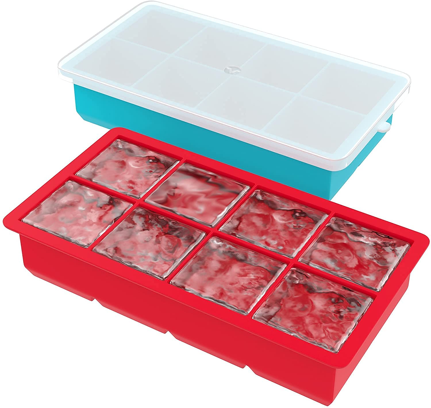 Zeinwap Stackable Large Ice Cube Trays - Pack of 1 Silicone Trays - 8 Cubes per Tray - Ideal for Cocktails, Frozen Treats, Soups, Sauces,and Baby Food - BPA Free with Frost Resistant Lids Multicolor