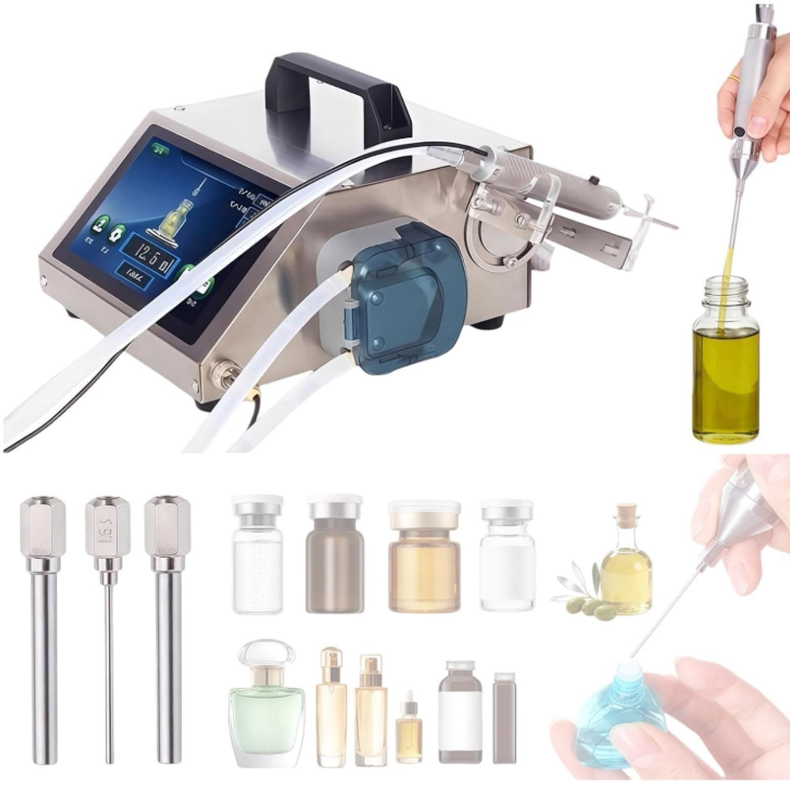 Automatyczna nalewarka do cieczy z dyszą igłową, precyzyjną regulacją i wyświetlaczem LCD (zakres 1–100 ml, 3 dysze) – urządzenie do napełniania małych butelek olejkami eterycznymi, perfumami 1380