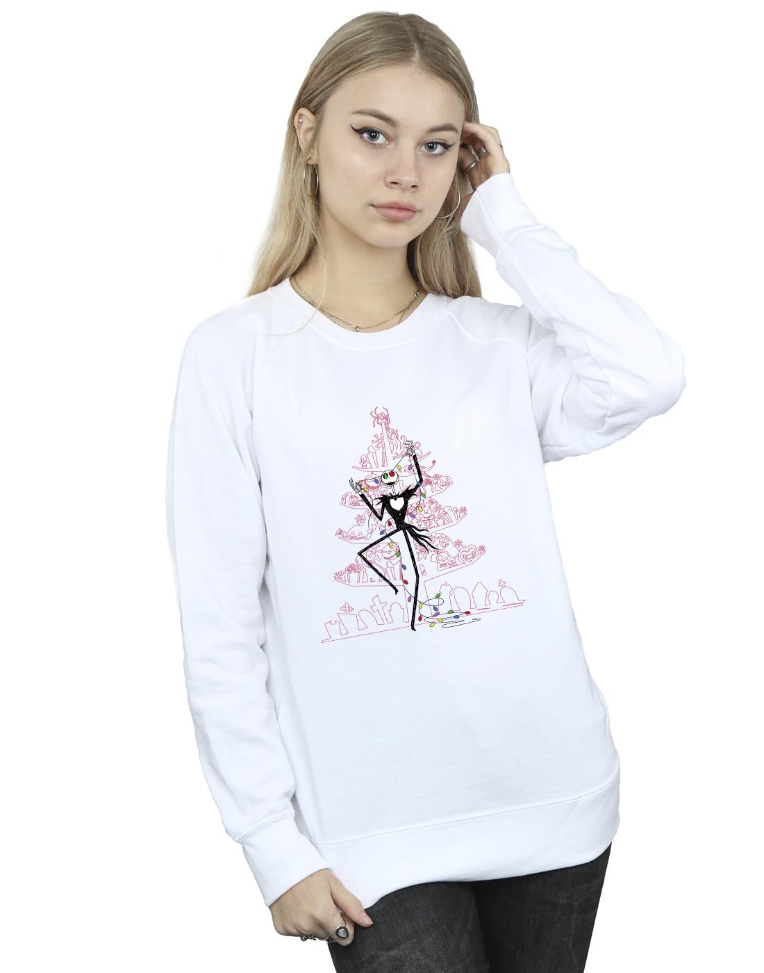 Absolute Cult Women's White Disney The Nightmare Before Christmas Tree Pink Sweatshirt Large