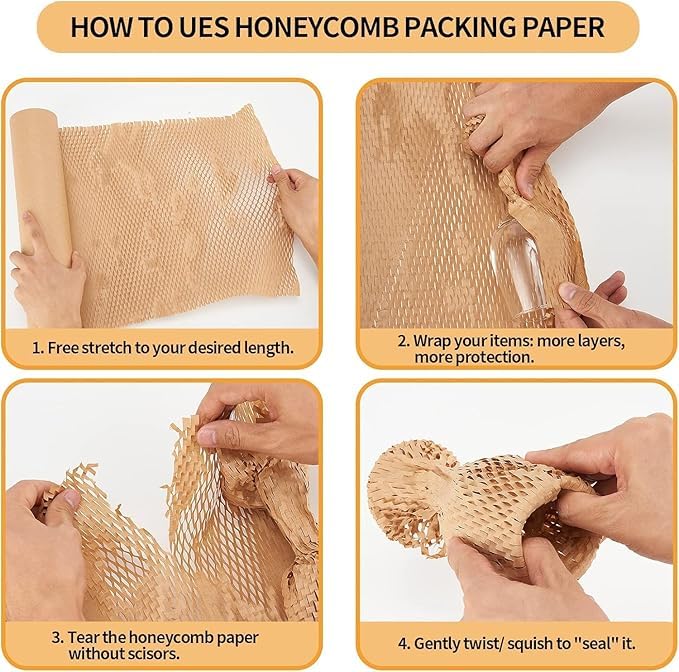 Image of Honeycomb Paper Wrap for Packing | Shock-Absorbent Expandable Kraft Cushion Paper for Gifts, Moving & Shipping Protection (Brown, 50 Meter x 15 inch Roll)