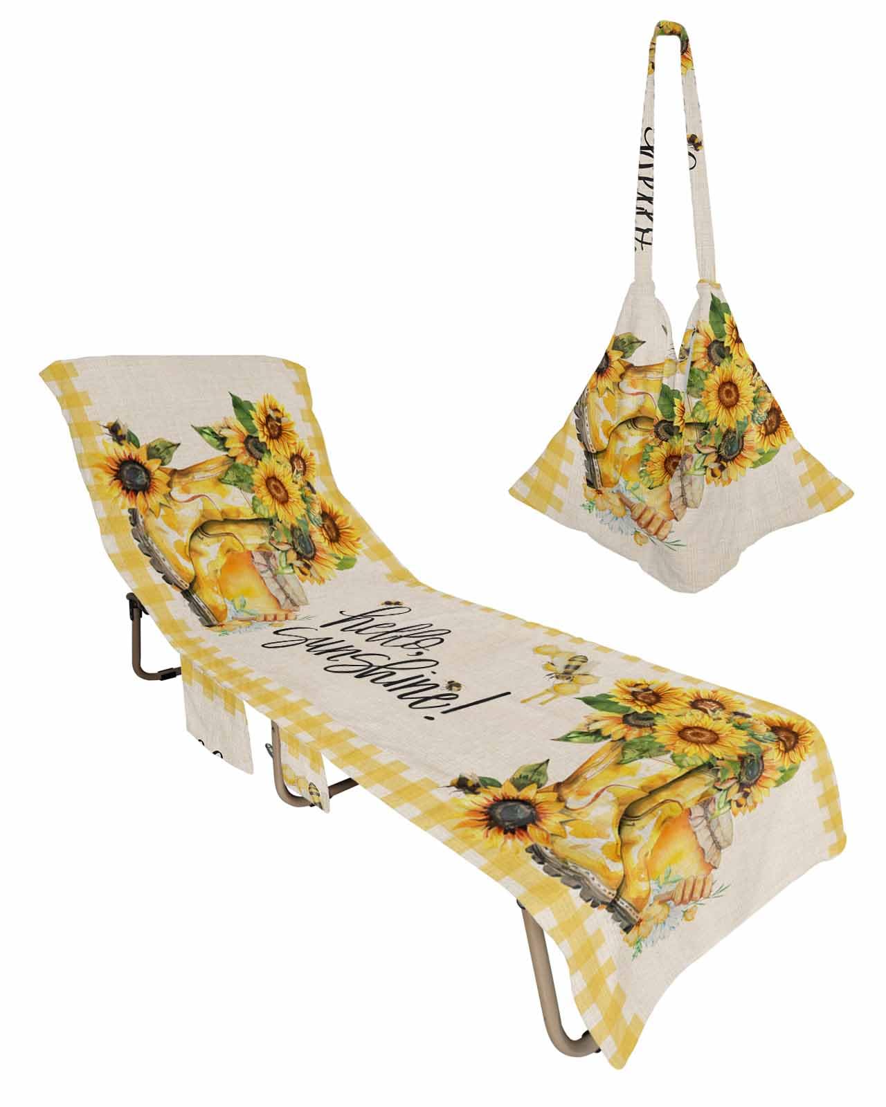 Farmhouse Sunflower Beach Lounge Chair Towel Cover, Soft Chaise Lounge Towel with Side Pockets Patio Pool Chairs Cover for Beach/Pool Sunbathing 29x85 Bee Yellow Lattice Honey Summer