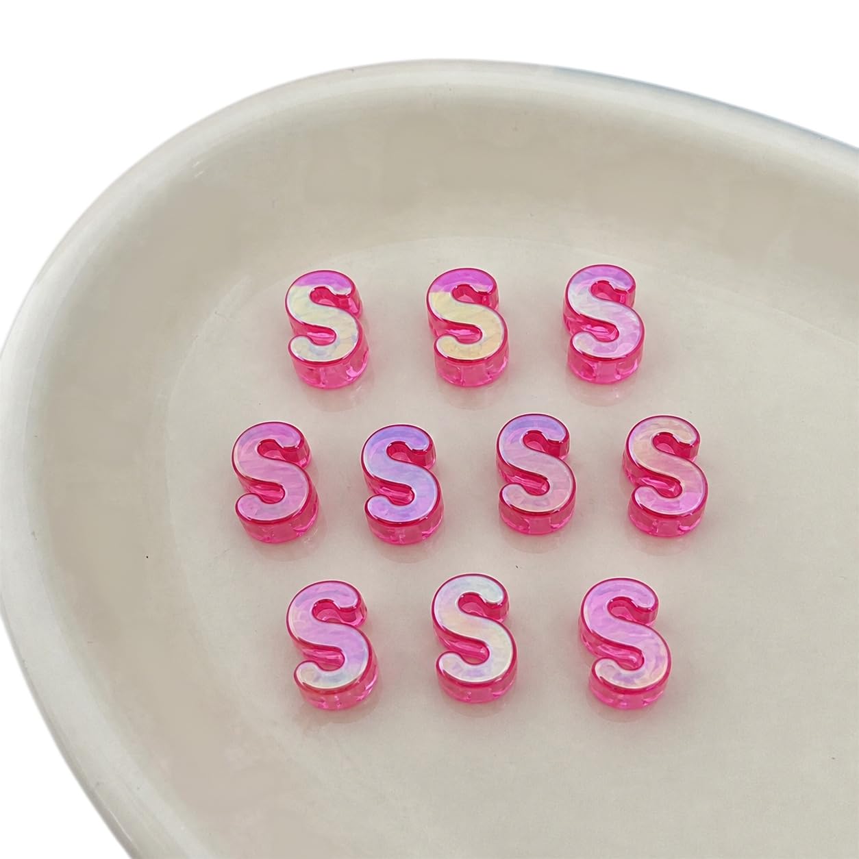 Letter Beads 10pcs, Large Acrylic Alphabet Beads with 6mm Hole, Iridescent Holographic UV Plated for Bracelet Making, Jewellery, Keyrings & Craft (Iridescent Pink, Letter S)