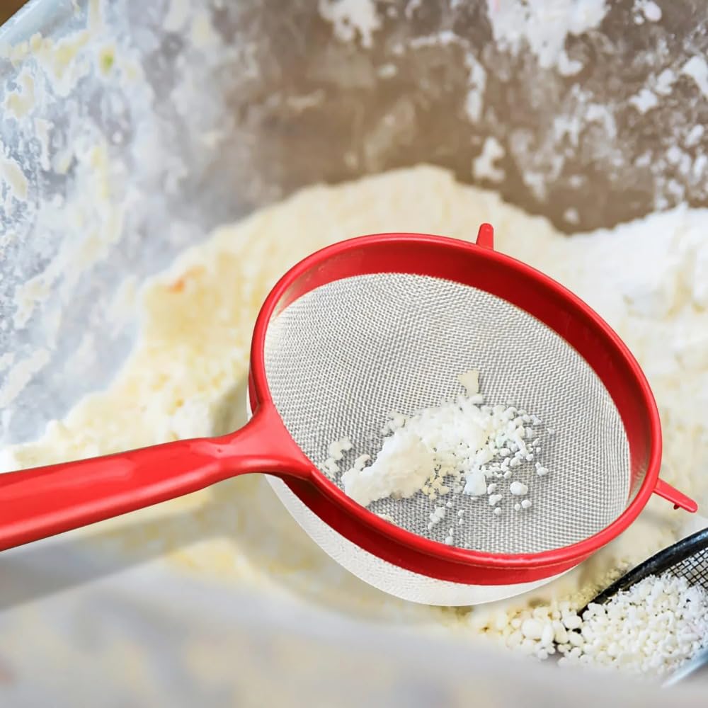 Set di 4 colini a rete fine per alimenti, latte di soia, farina, setaccio in plastica con manico lungo, multiuso per yogurt, tè, succo, zucchero, utensili da cucina