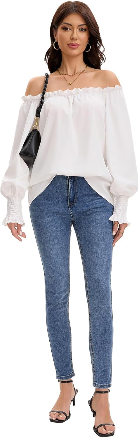 Women's Off The Shoulder Top Long Sleeve Ruffle Hem Blouse Casual Loose Shirts - Image 6