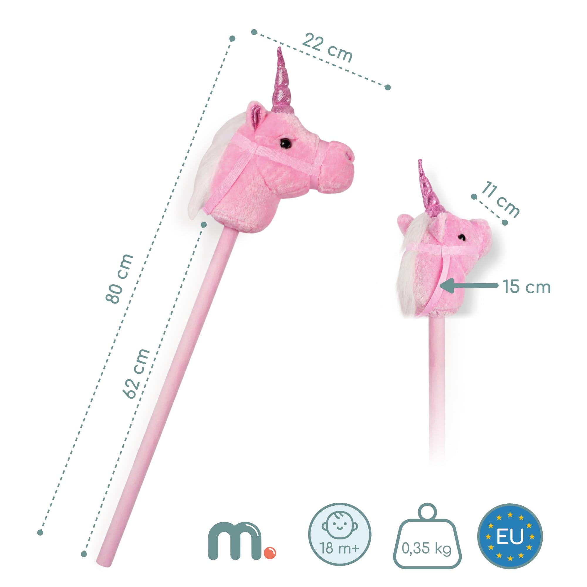 mamabrum Hobby Horse Einhorn Rosa Steckenpferd Kinder 80 cm | Magisches Einhorn mit Glitzerhorn, weichem Plüschkopf und festen Zügeln für fantasievolle Bewegungsspiele.