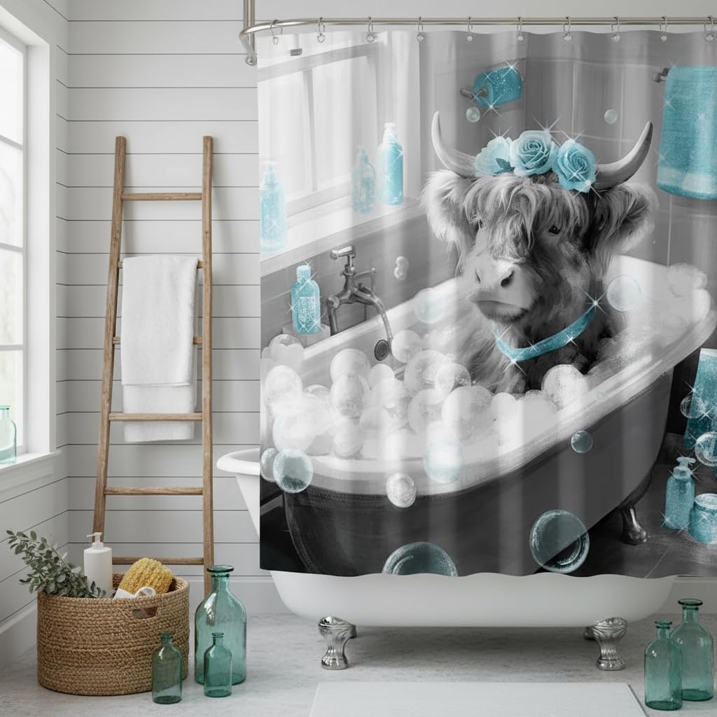 Highland Cow Shower Curtain Cow Bathroom Decor Funny Animal Bathroom Curtain with 12 Hooks 72x72 Inchs (Teal)