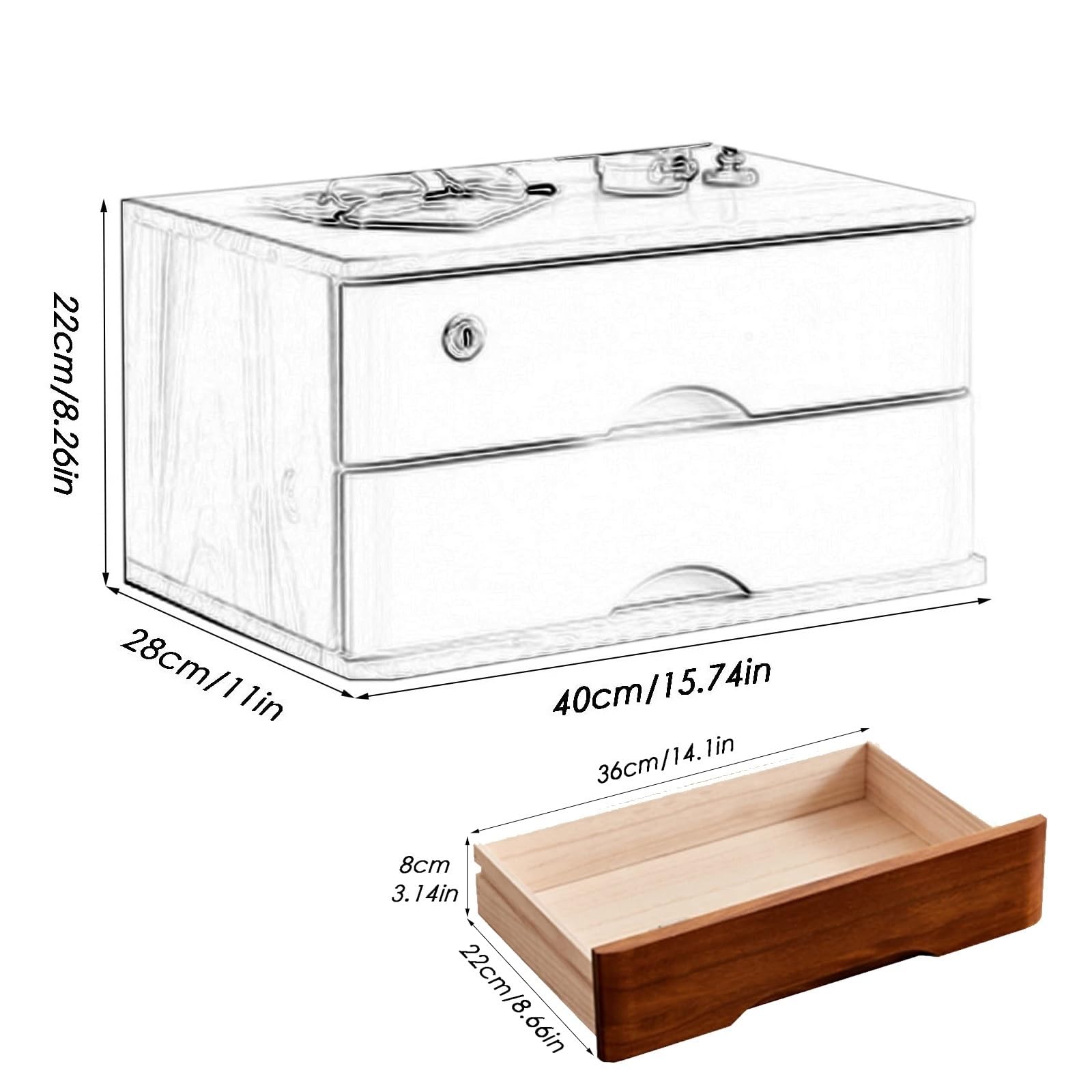 Armadietto portadocumenti da scrivania in legno massello con serratura, a 2 strati, per forniture da ufficio e accessori da scrivania, organizer sicuro per casa e ufficio
