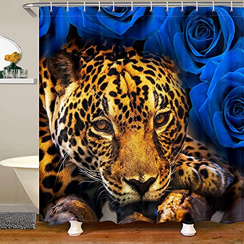 Leopard Print Bath Curtain Shower Curtain Cheetah 72"Wx72"L for Boys Kids Child,Blue Rose Flower Waterproof Shower Curtain Wild Safari Theme Hanging Curtain Novelty Big Cat Bathtubs Decor