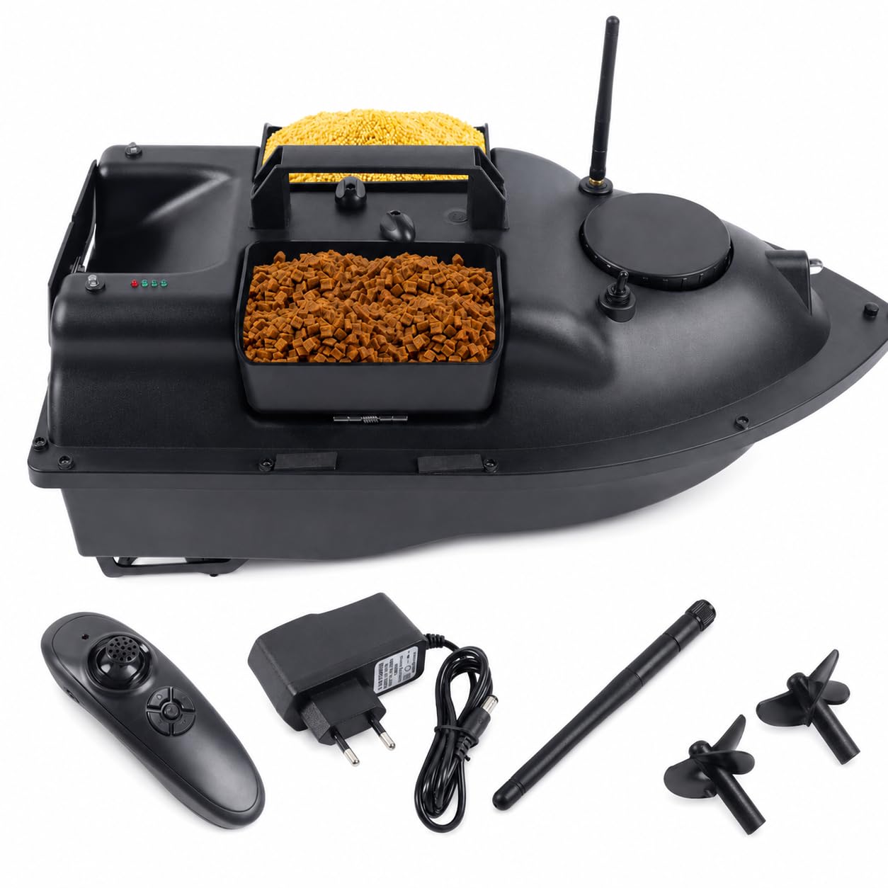 Ferngesteuertes Boot, RC Karpfenstarter, 500 m, kabellos, B-Boot mit 2 Motoren (3 Silos, schwarz)