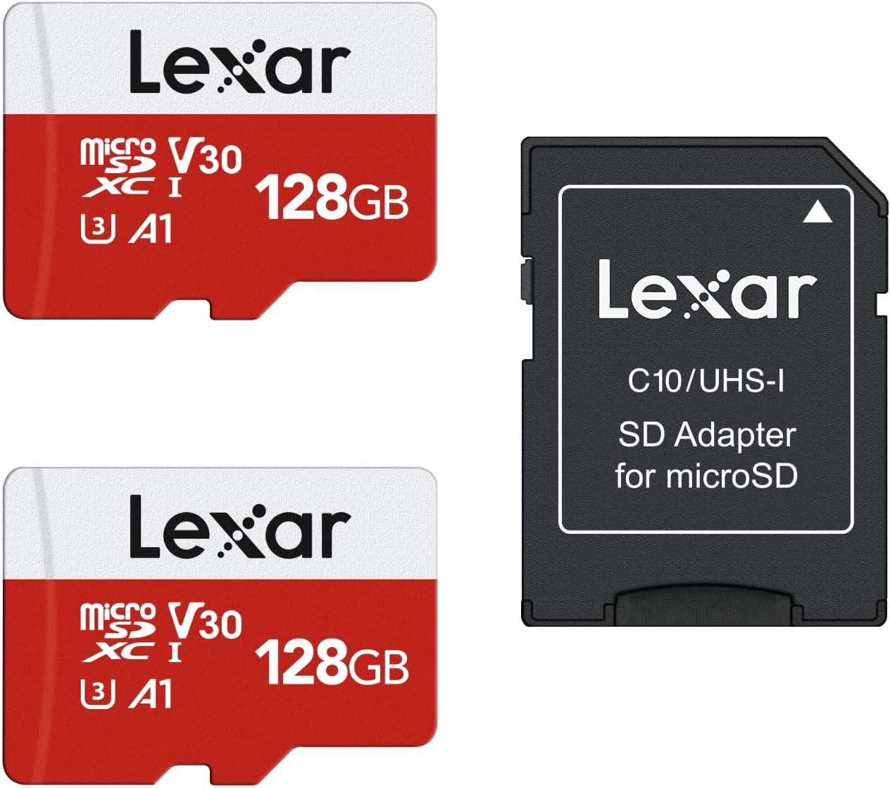 Product image of Lexar E-Series 128GB Micro SD Card 2 Pack, microSDXC UHS-I Flash Memory Card with Adapter, 100MB/s, C10, U3, A1, V30, Full HD, 4K UHD, High Speed TF Card