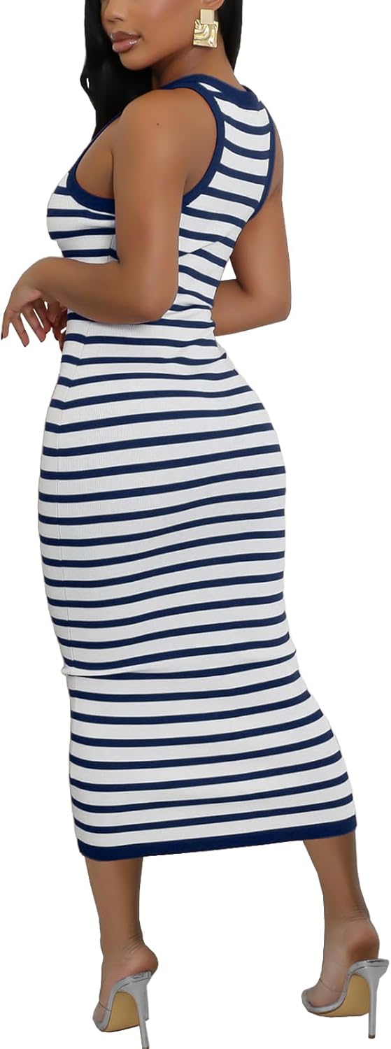 Sleeveless Striped Bodycon Tank Dress for Women Slim Fitted Summer Ribbed Pencil Midi Dresses - Image 4