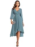 Women's Chiffon V Neck Long Sleeves Pleated A-Line Midi Length Wedding Guest Dress 01926