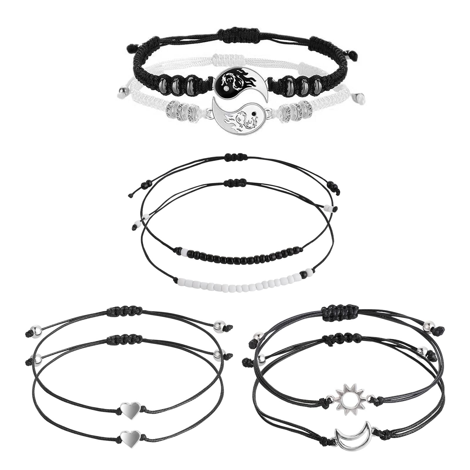 Yolev8 Pieces Matching Yin Yang Adjustable Cord Bracelet Black and White Bracelet Sun Moon Bracelet for Friendship Relationship Boyfriend Girlfriend