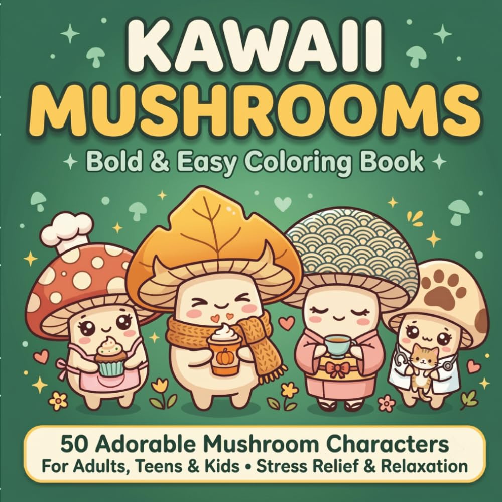 Kawaii Mushrooms Bold and Easy Coloring Book: 50 Adorable Mushroom Characters for Adults, Teens and Kids – Stress Relief and Relaxation
