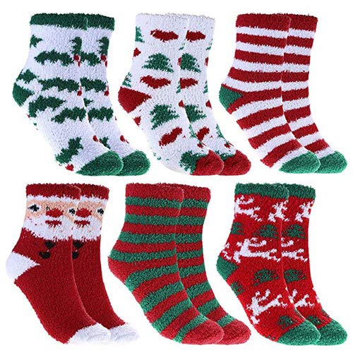 Women Christmas Fuzzy Socks, Fluffy Socks,Winter Warm Cozy Striped Socks, Crew Socks,Adult Home Slipper Socks,6 Pairs