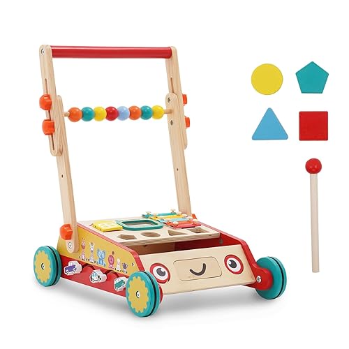 Andador de madera para bebés con centro de actividades de entretenimiento múltiple, caminadores de aprendizaje sentado a pie para niños de 9 meses y