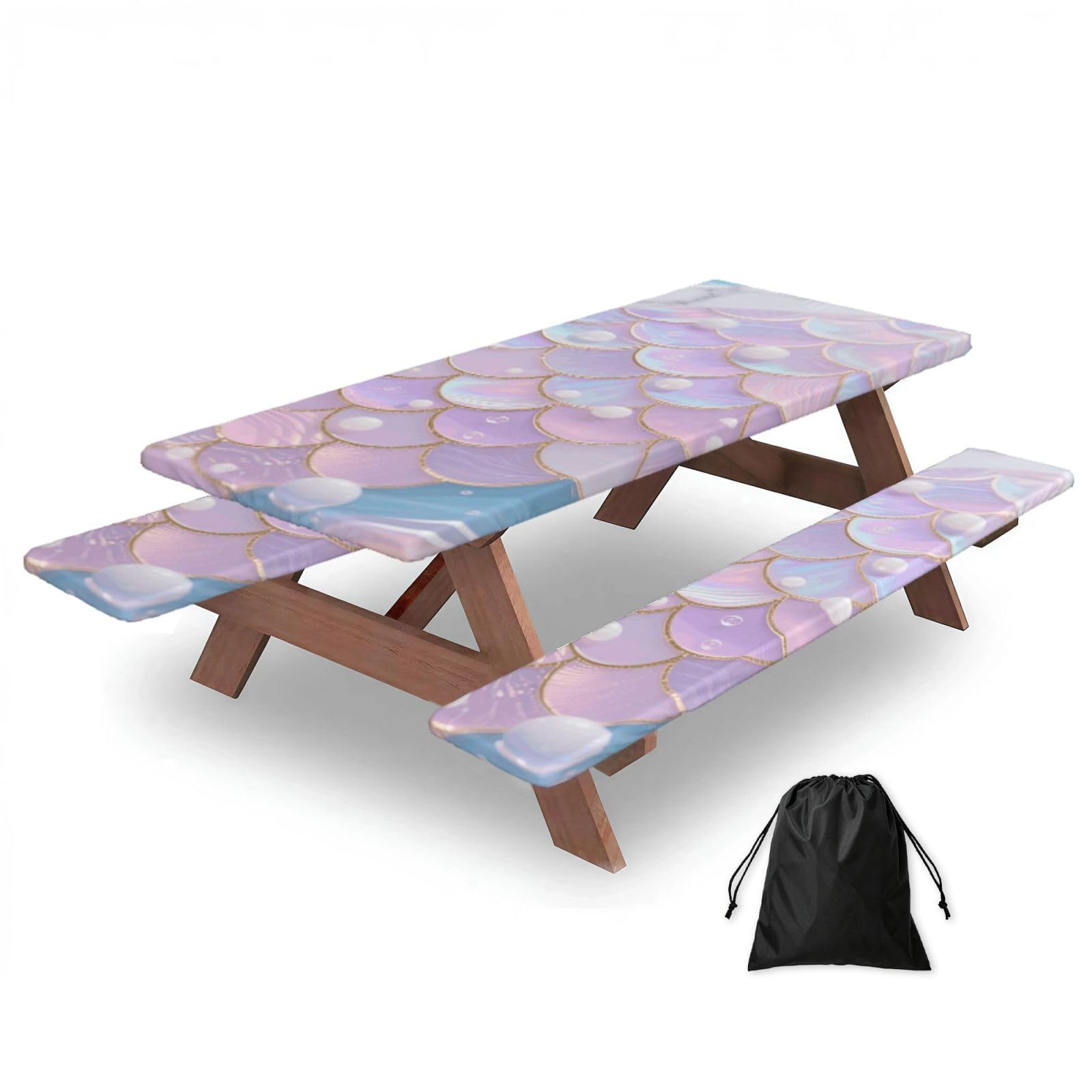 FekiLoot Mermaid Fish Scales Marble Picnic Table Cover with Bench Covers and Bag, Windproof Waterproof Rectangle Tablecloth with Elastic Edges Fitted Camping Table Covers for Picnic Party Travel