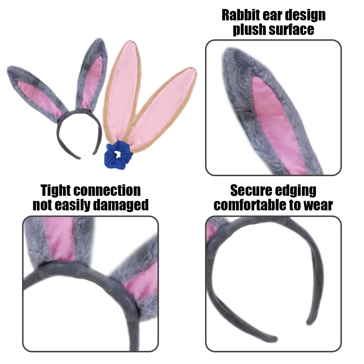 NIDHFG 1 Piece Of Rabbit Ear Headband And 1 Piece Of Rabbit Ear Hair Ring, Cute Plush Hair Accessories - Image 3