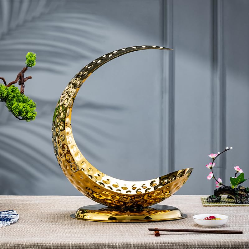 HONHPD High-End Gold Sushi Boat Serving Tray Stainless Steel Boat Shaped Sushi Plate Sashimi Board 48cm, 18.9 inch, Japanese Cuisine Tableware, Salmon dry ice plate