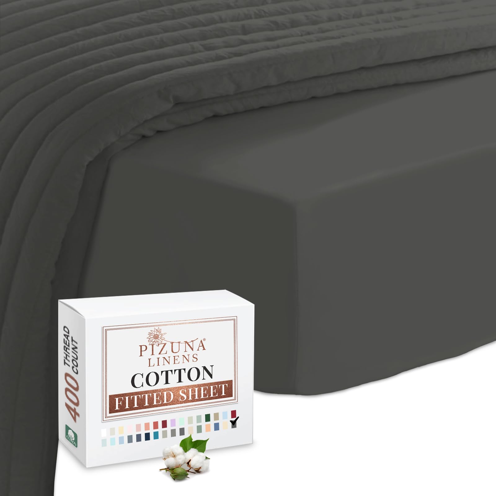 Pizuna Dark Grey 100% Cotton Small Single Fitted Sheet 400 Thread Count Long Staple Cotton Small Single Fitted Sheet 80X200 Cm, Sateen Weave 40 Cm Deep Fitted Sheets 1 Pc