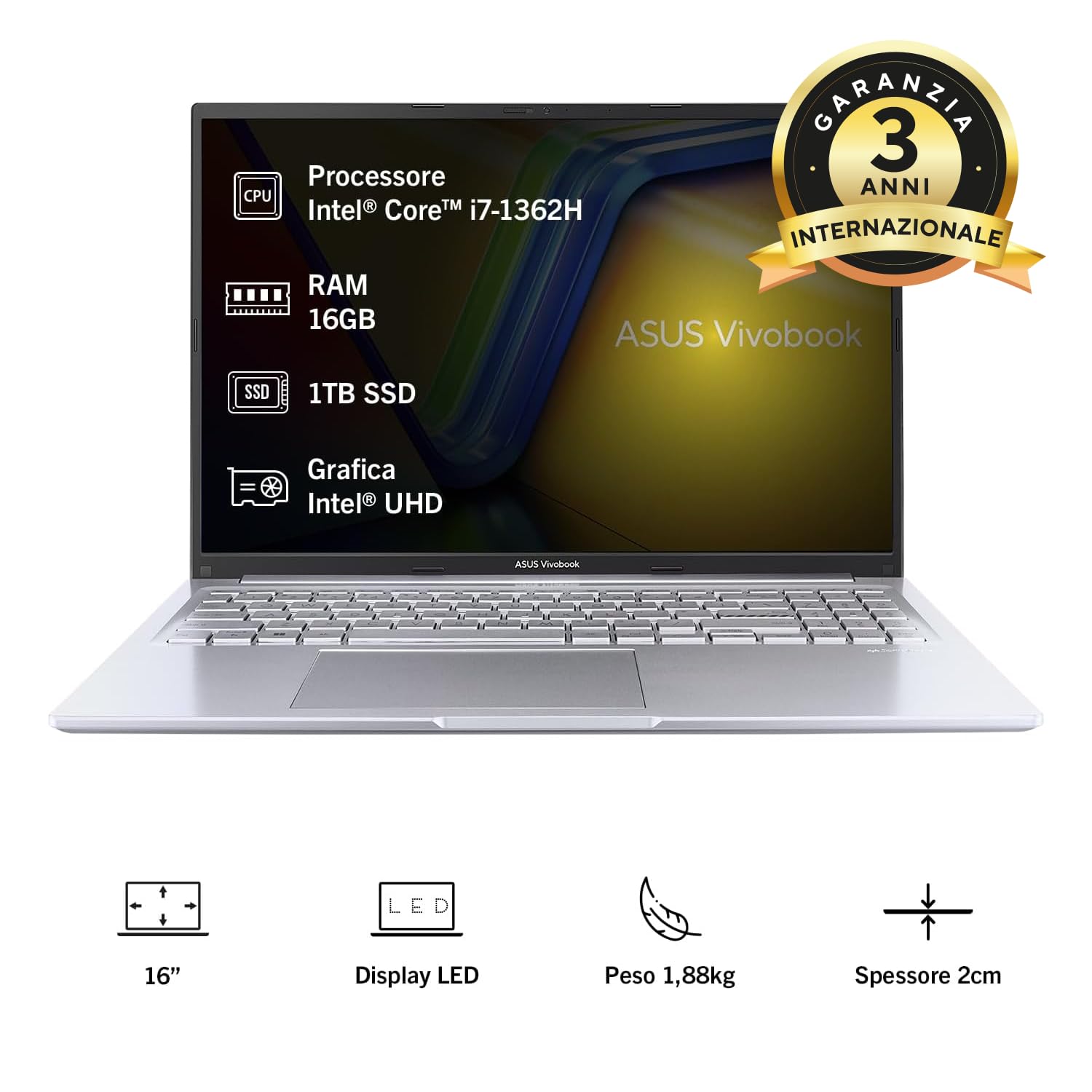 ASUS Vivobook 16 X1605VA#B0DPG18JHM, Notebook con Monitor da 16" Anti-glare, 60Hz, Intel® 13esima gen Core™ i7-13620H, RAM 16GB, 1TB SSD, Windows 11 Home, Argento