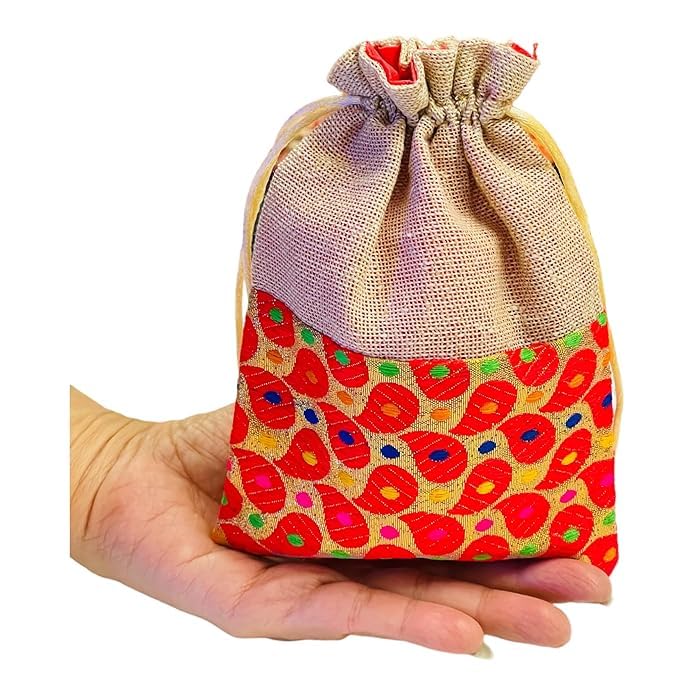 Krishav Pack of 11 pcs Small Size Brocade & Jute Potli Gift Bags (18 X 12 cm) Red & Beige (11)-image-42