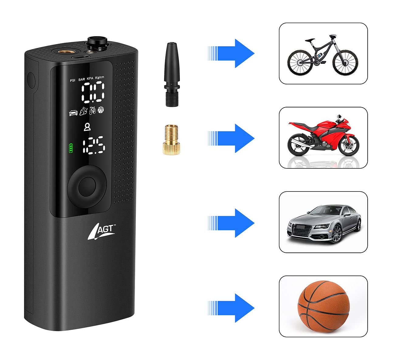 AGT Akku Kompressor: Smarte Akku-Luftpumpe mit OLED-Display; bis 120 psi; Bluetooth und App (Akkuluftpumpen, Mini Kompressor, Ball)