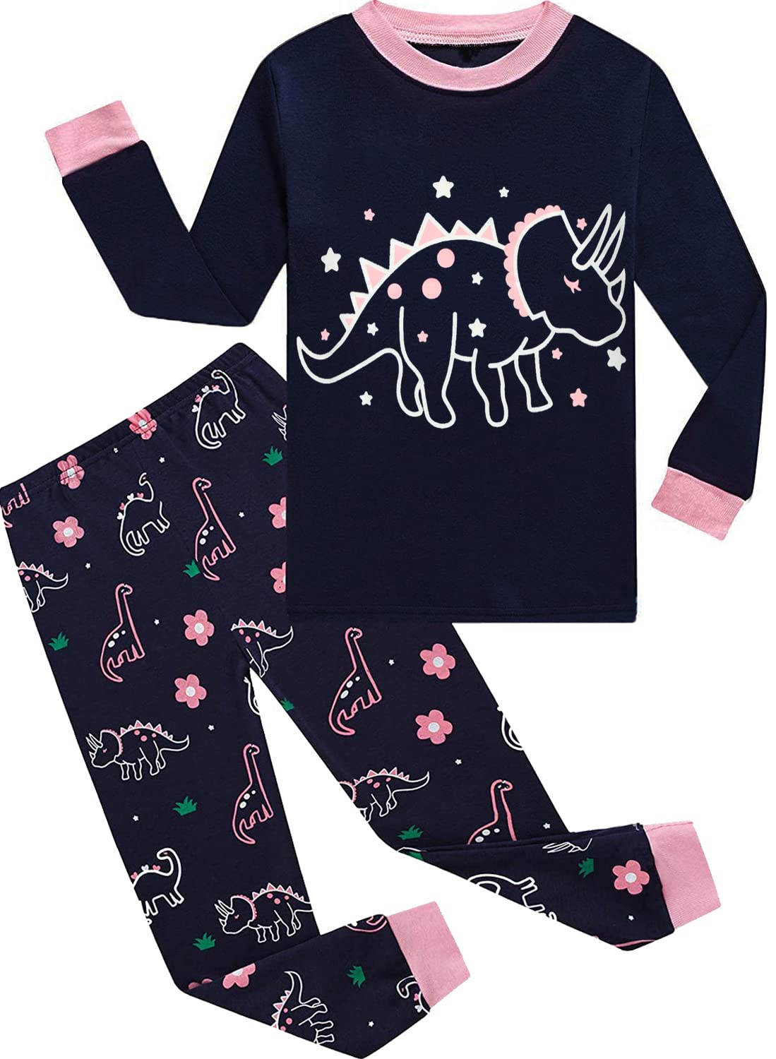 EULLA Girl's Dinosaur Pyjama Set Long Sleeves Glow Nightwear Toddler Pjs Sleepwear 1-2 Years