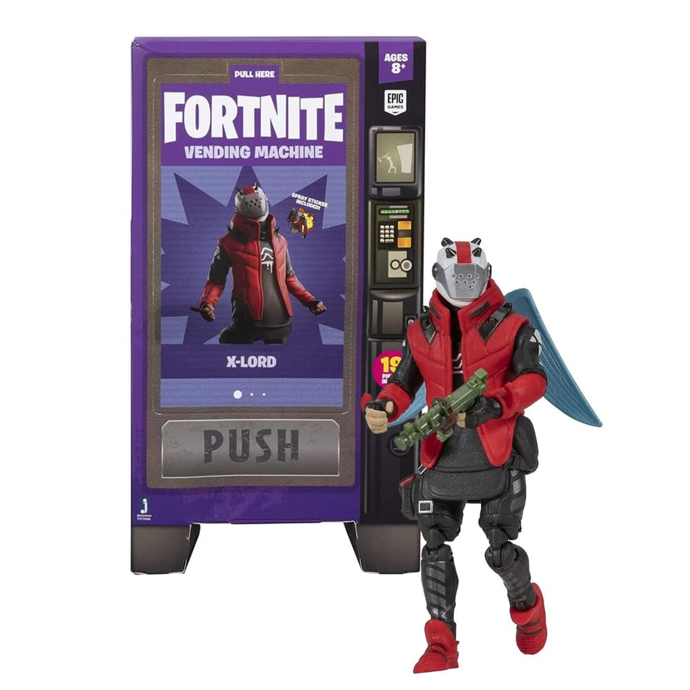 Fortnite Vending Machine, Features 4 Inch X-Lord Action Figure, Includes 9 Weapons, 4 Back Bling, and 4 Building Material Pieces