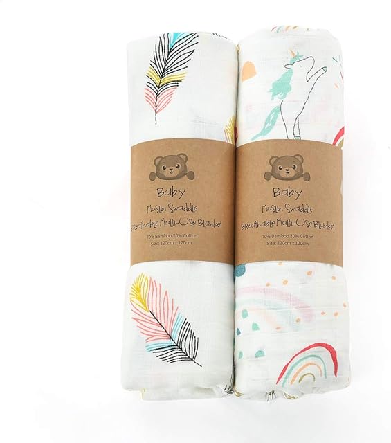 Baby Muslin Swaddle Blanket Bamboo Unicorn Feather Extra Large 120 x 120CM 2 Pack Pre-Washed Ultra Soft (Unicorn & Feather)
