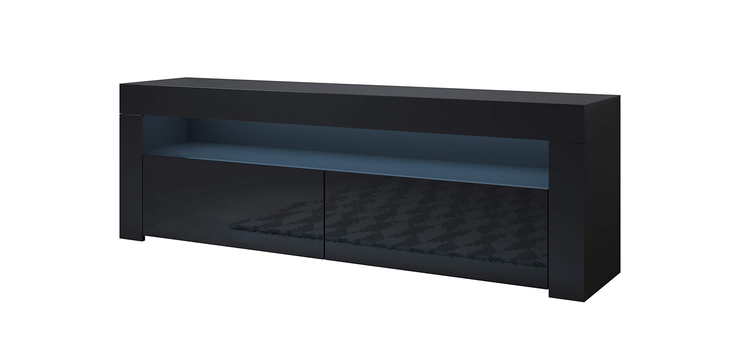 MB Muebles Bonitos | Mueble TV con LED | Mueble TV para Salón Comedor Moderno | Ancho 140 x Alto 50,5 x Profundo 35cm | Aparador TV | Color Negro | Acabado Brillo | 2 Puertas | Modelo Aker