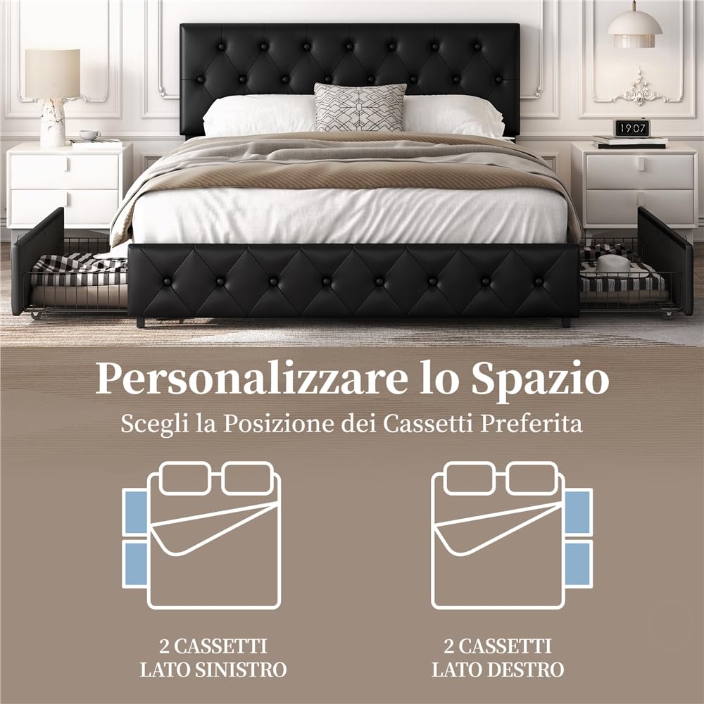 Yaheetech Letto Imbottito Matrimoniale 160 x 200 cm con 2 Cassetti Letto Contenitore con Supporti a Doghe in Legno Testiera Regolabile in Altezza con Rivetti a Punto di Tensione Nero