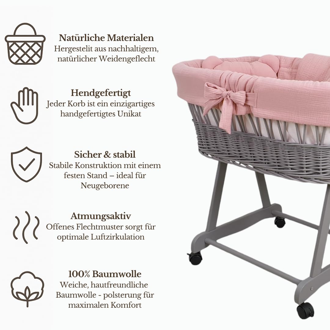Wiklinopol Stubenwagen aus Weide mit Gestell & Matratze Amelia – Moseskorb in Grau – Set Musselin-Bettwäsche in Rosa – Weidenkorb, Tragbar, Ideal für Neugeborene