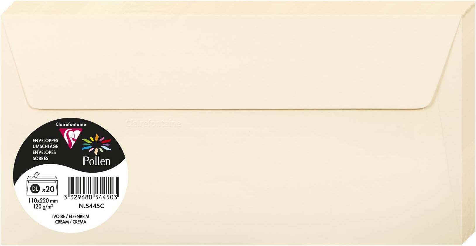 Clairefontaine Pollen Adhesive Envelopes, DL, 120g - Cream Pack of 20