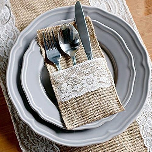 Tmand 50 pcs Natural Jute Cutlery Knives and Forks Cutlery Set Silverware Bag Holder Burlap & Lace Party Wedding Decor, 21x11cm - Image 5
