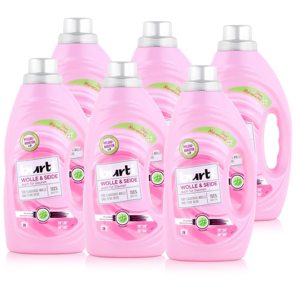 6er Pack Burti Wolle & Seide Feinwaschmittel flüssig (6 x 1,45l) - mit Faser Schutz für Wolle, Seide & Daunen, ohne Mikroplastik mit pflanzlichem Pflege-Booster für ca. 156 Waschladungen