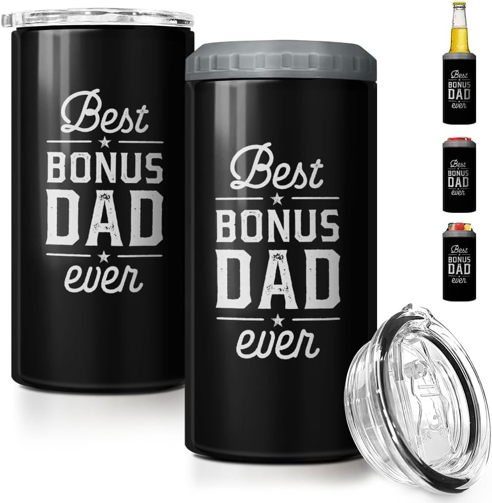 SANDJEST Bonus Dad Tumbler Gifts from Step Daughter Son - 12oz 4 in 1 Design Step Father Tumbler Cup Can Cooler - Best Bonus Dad Ever Insulated Cans Coozie Christmas, Birthday, Father's Day Gift