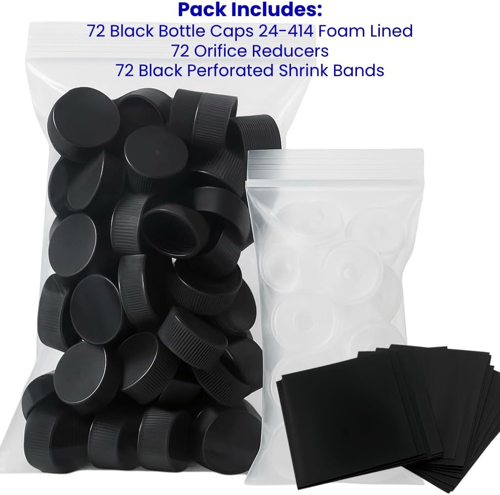 Black Screw Caps 24-414, Foam Lined Plastic Bottle Caps Orifice Reducers Fitment & Shrink Bands for 5 oz & 10 oz Hot Sauce Woozy Bottles, Leak Proof, Made in USA (72)