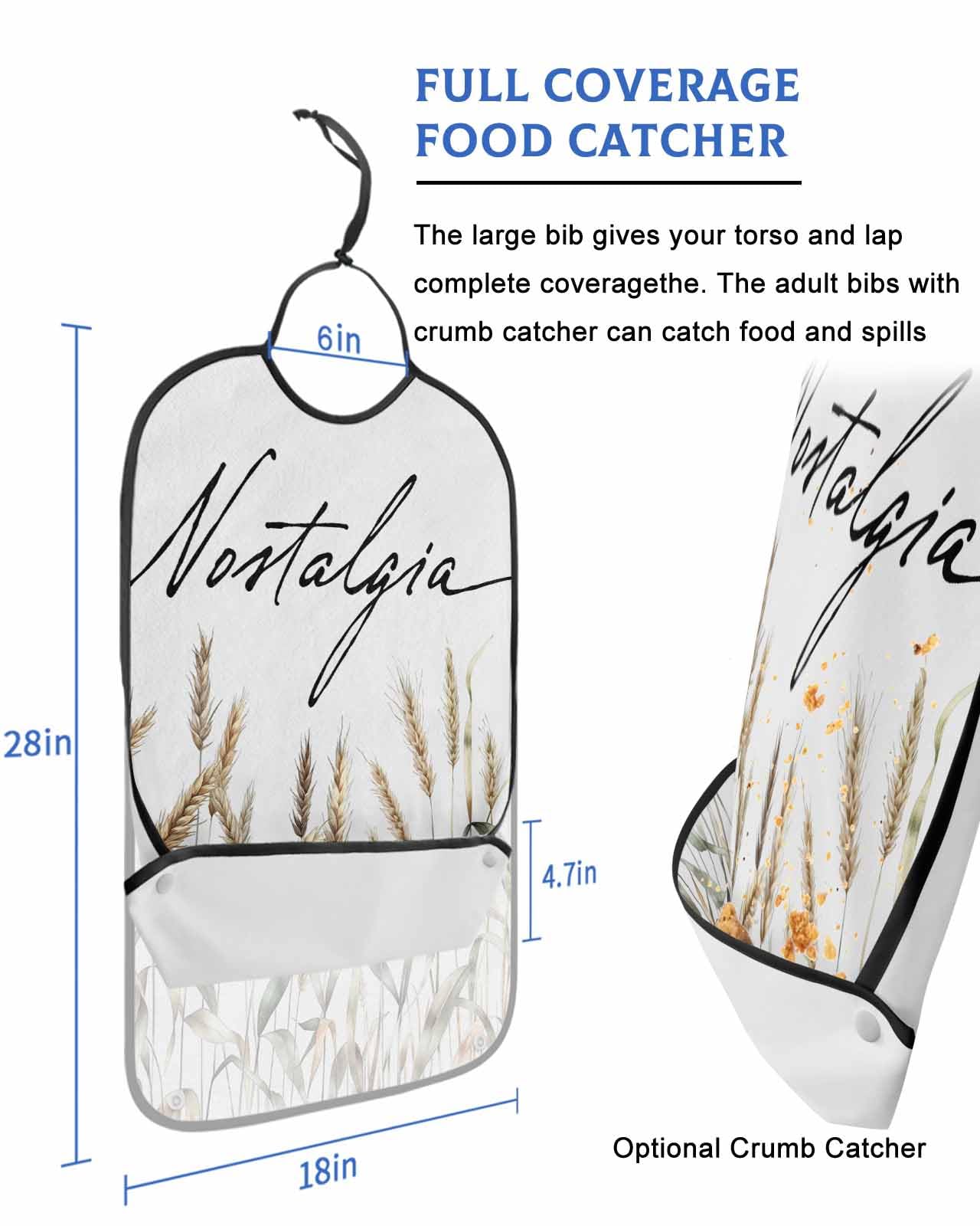 LEOKOTI Pastoral Botanical Adult Bibs for Eating, Waterproof Bibs with Food Catcher & Adjustable Snap Closure, Vintage Fall Wheat Autumn Botanical Washable Clothing Protectors Adult Bibs for Elderly
